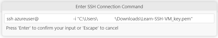 顯示用於連線到主機的 SSH 連線命令的螢幕擷取畫面。