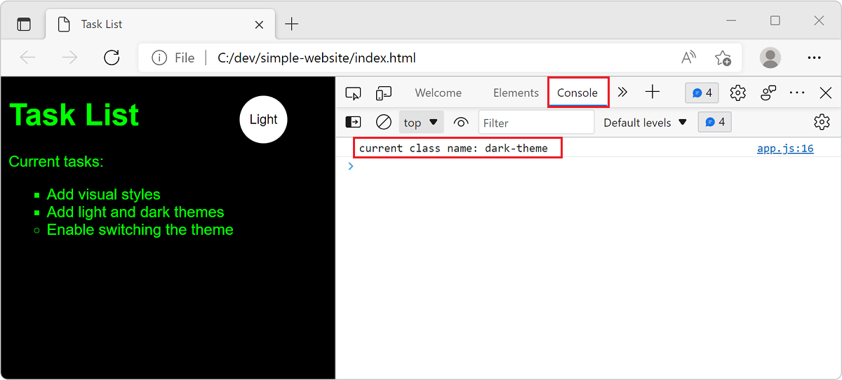 瀏覽器視窗的螢幕擷取畫面,其中的網站和開發人員工具主控台會顯示主控台訊息。