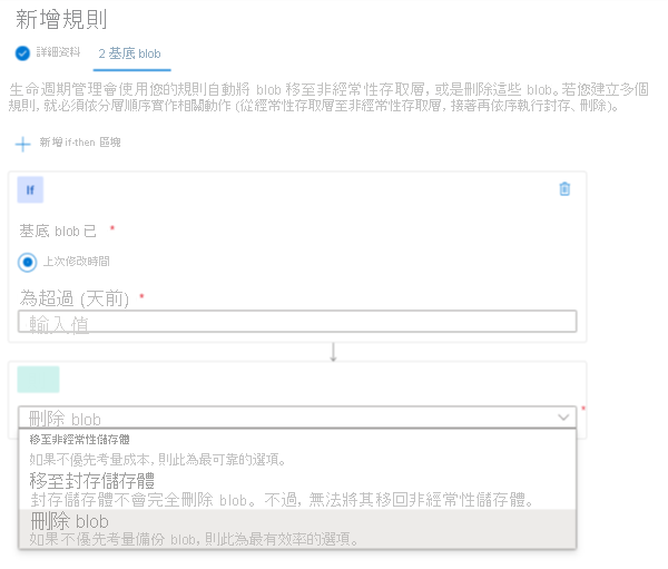 顯示如何在 Azure 入口網站中新增 Blob 數據的生命週期管理原則規則的螢幕快照。