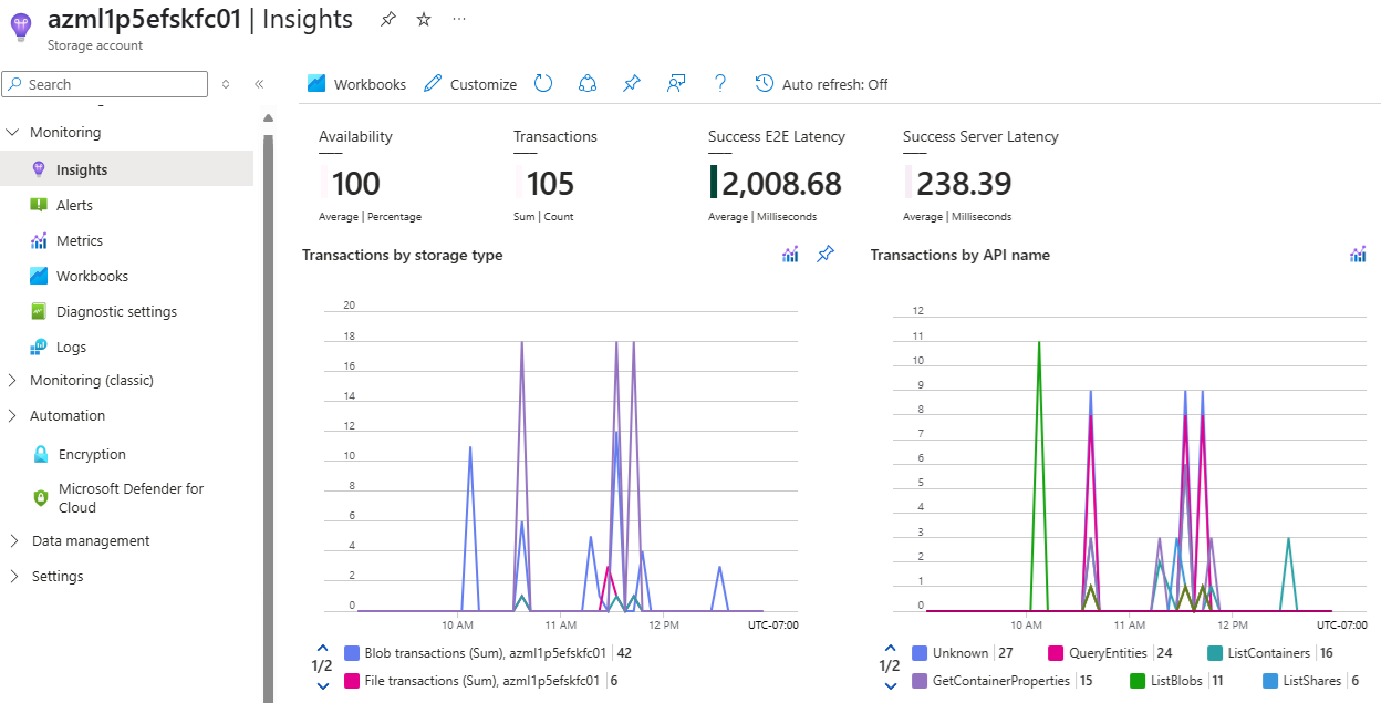 Azure 入口網站中儲存體深入解析的螢幕擷取畫面。