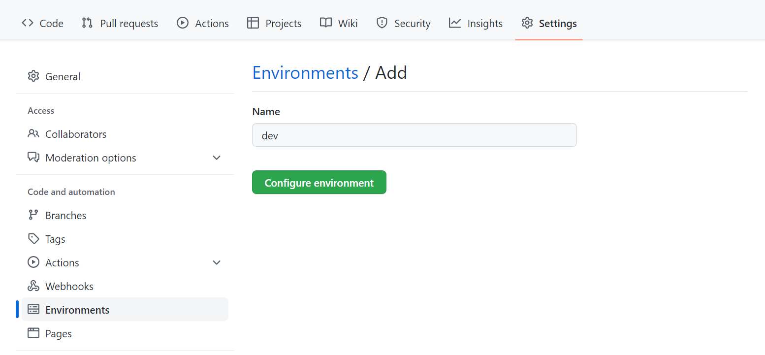Screenshot of creating new environment in GitHub.