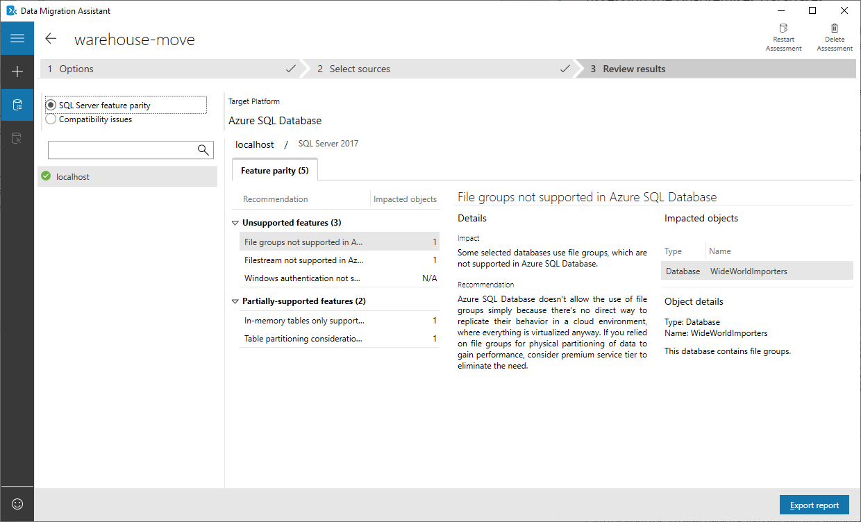 將資料庫移轉至 Azure 的一般 DMA 評估報告的螢幕擷取畫面。