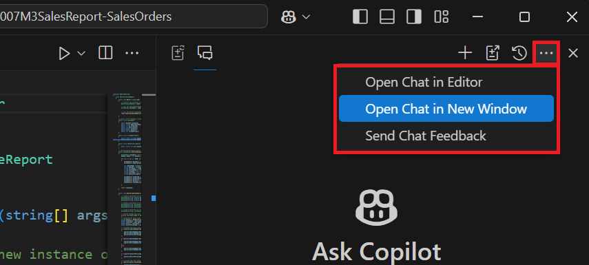 螢幕擷取畫面顯示 Visual Studio Code 中的聊天檢視回應問題。