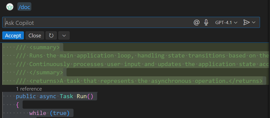 截圖顯示 Generate Docs 智慧動作建議的程式碼文件。