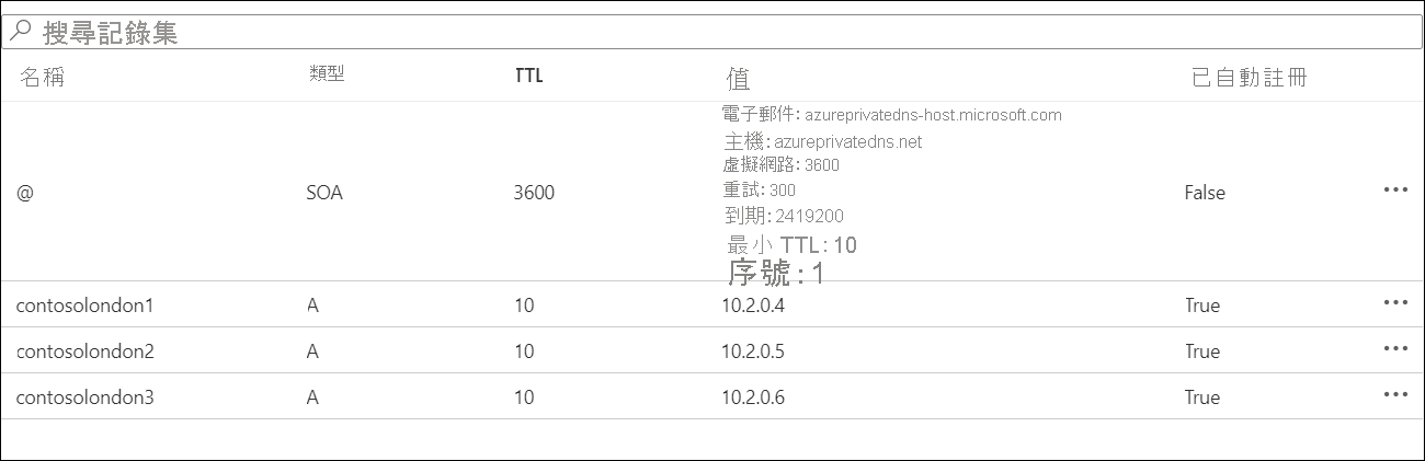 A screenshot of a private zone in the Azure portal. The Overview page is selected, and a list of zone records displays. These include three for VMs connected to the linked VNet.