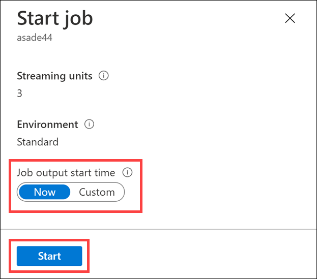 The Now and Start buttons are highlighted within the Start job blade.