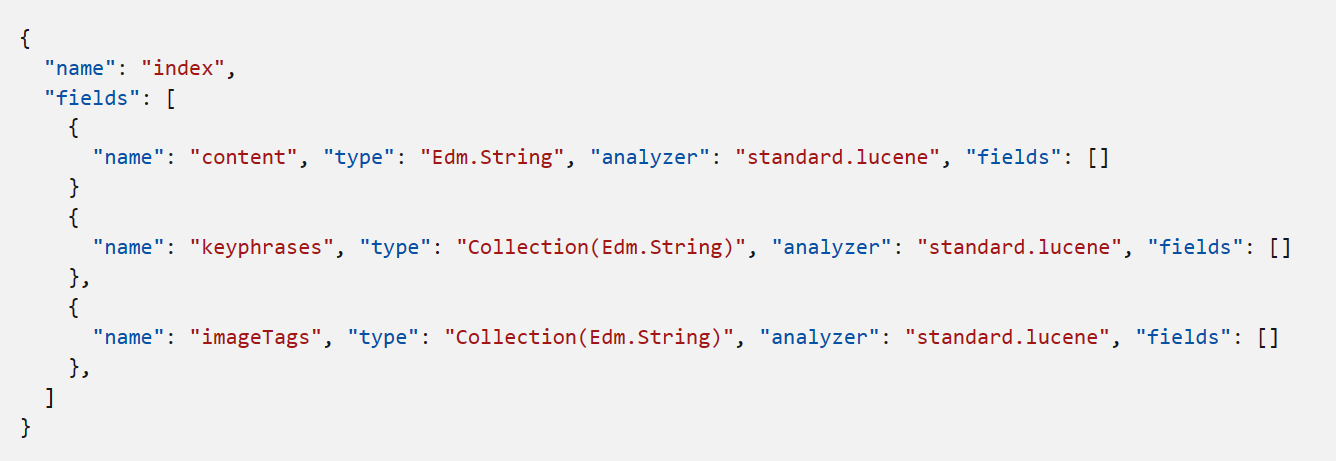 A screenshot of the structure of an index schema in json including key phrases and image tags.