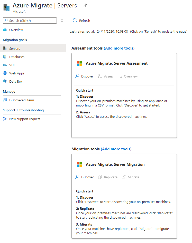 Screenshot of the Azure portal's Azure Migrate Servers screen.