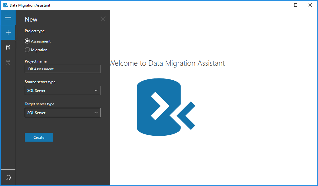 Screenshot of the Data Migration Assistant with the New assessment dialog open.