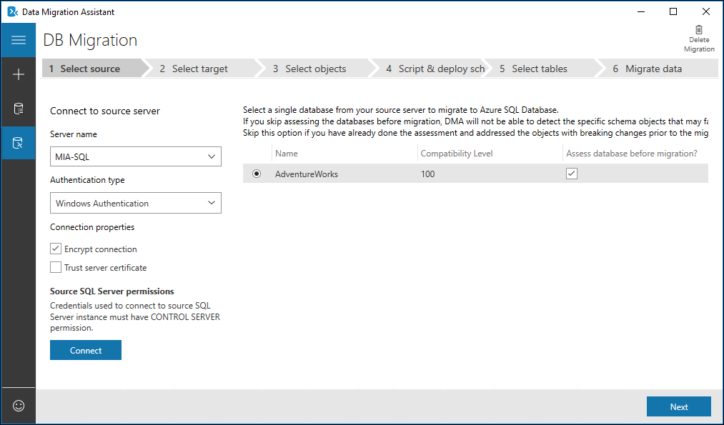 Screenshot of Data Migration Assistant migration tab selected displaying step one, Select source, with a connection to an example database.