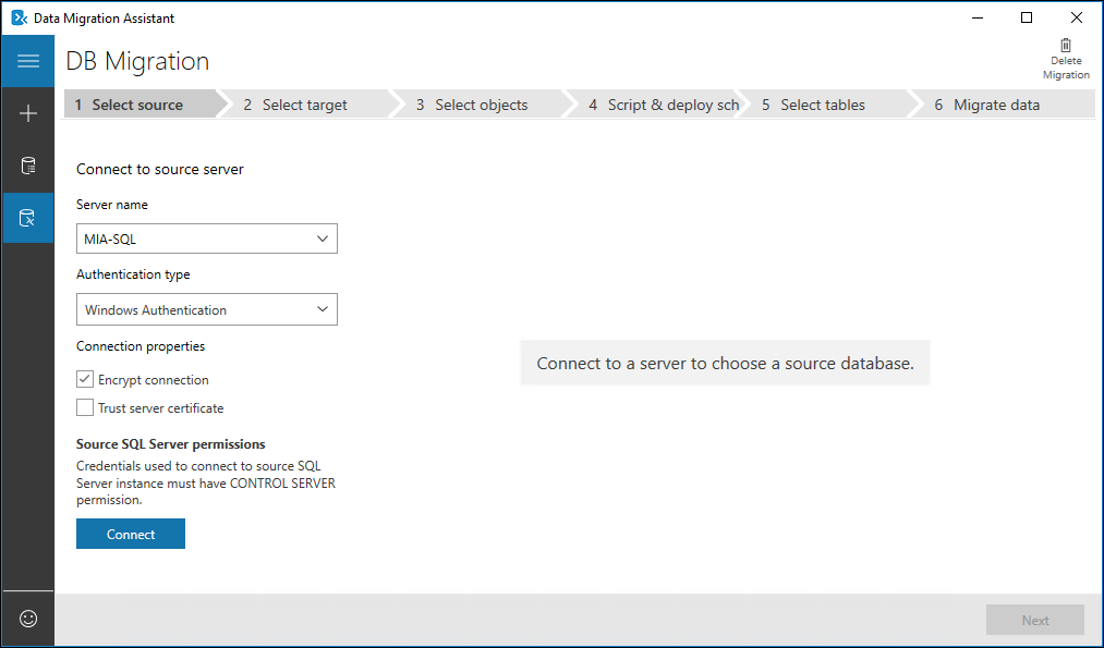 Screenshot of Data Migration Assistant migration tab selected displaying step one, Select source, with no database connected.