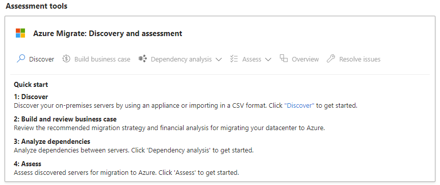 Screenshot of the Azure Migrate: Discovery and assessment tool in Azure Migrate dashboard.