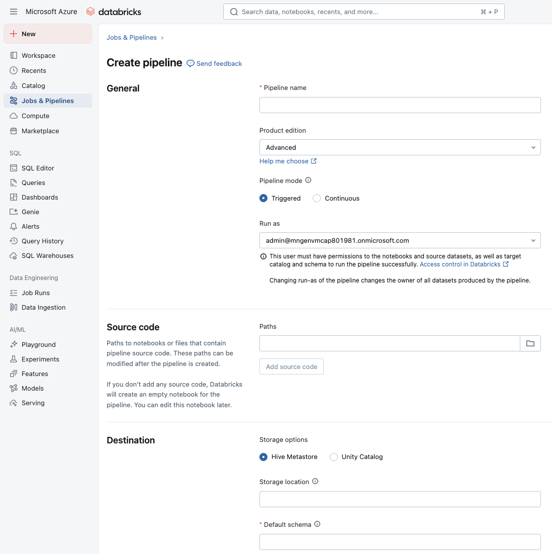 顯示 Databricks 建立管線選項的螢幕擷取畫面。