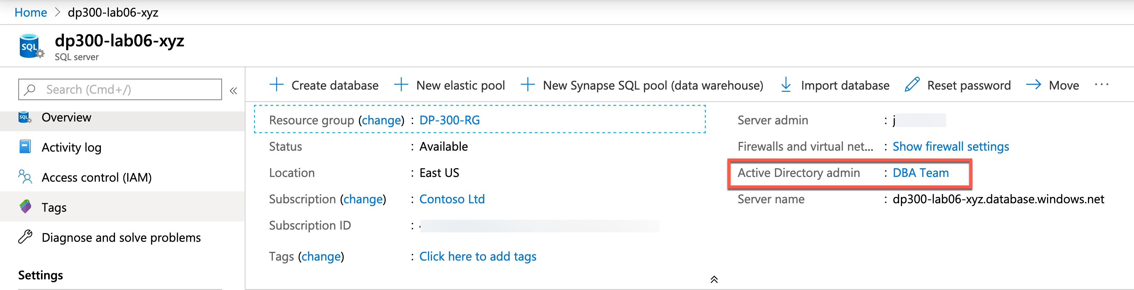 顯示如何在 SQL Database 上設定系統管理員許可權的螢幕快照。