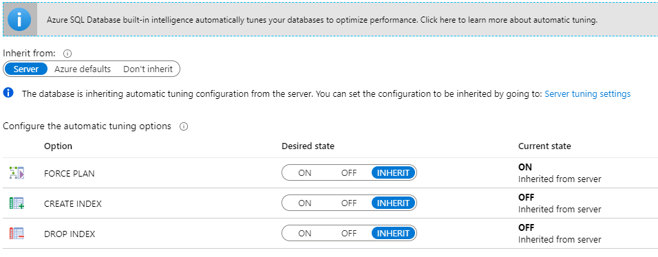 Azure SQL Database 的自動調整選項螢幕快照。