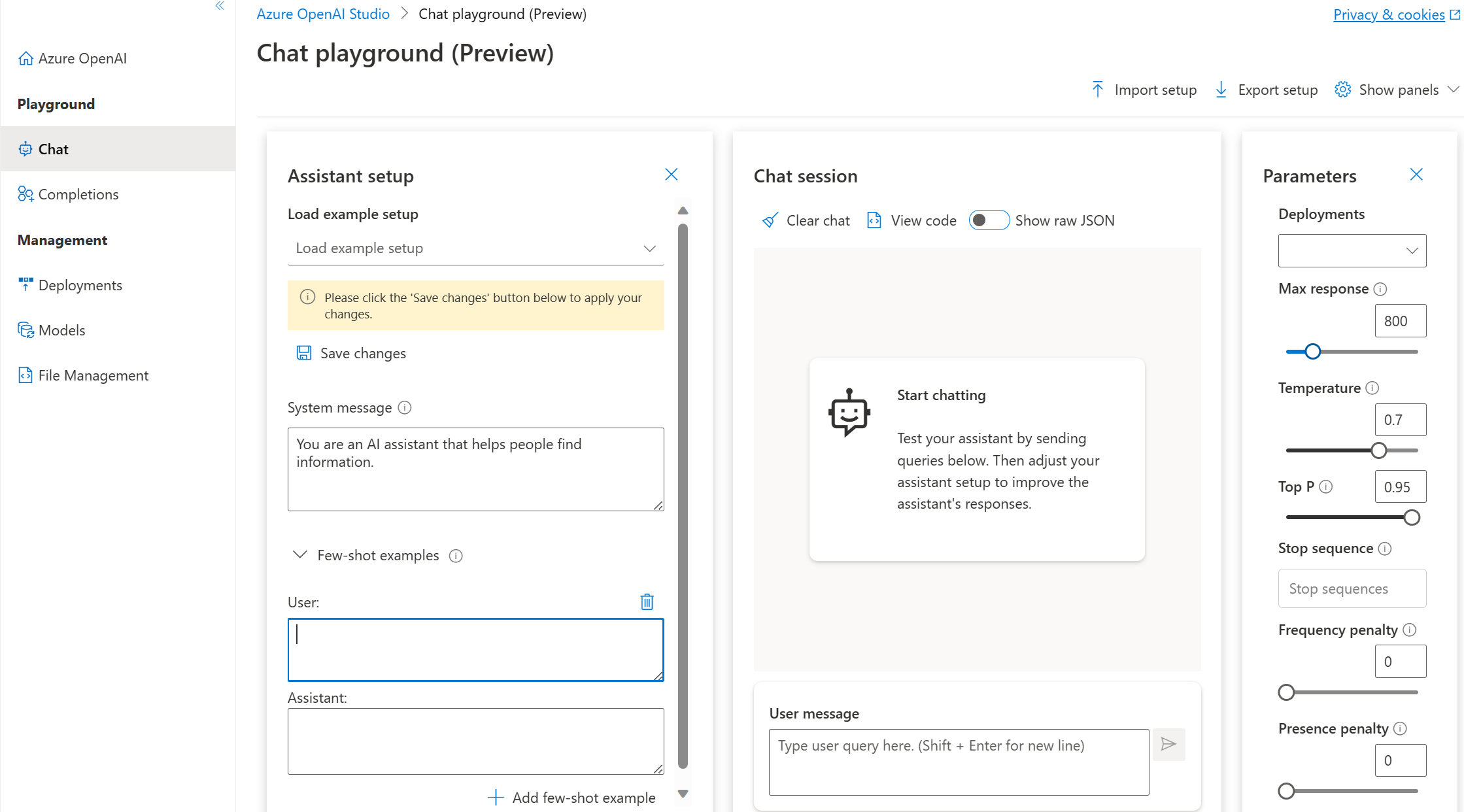 Screenshot of the Azure OpenAI Studio Chat playground where it is possible to test some capabilities of the service without code.