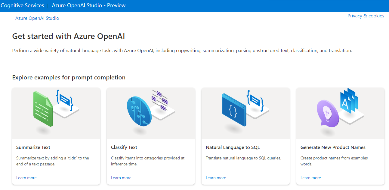 Screenshot showing the Azure OpenAI Studio UI get started page with options for exploring the service.