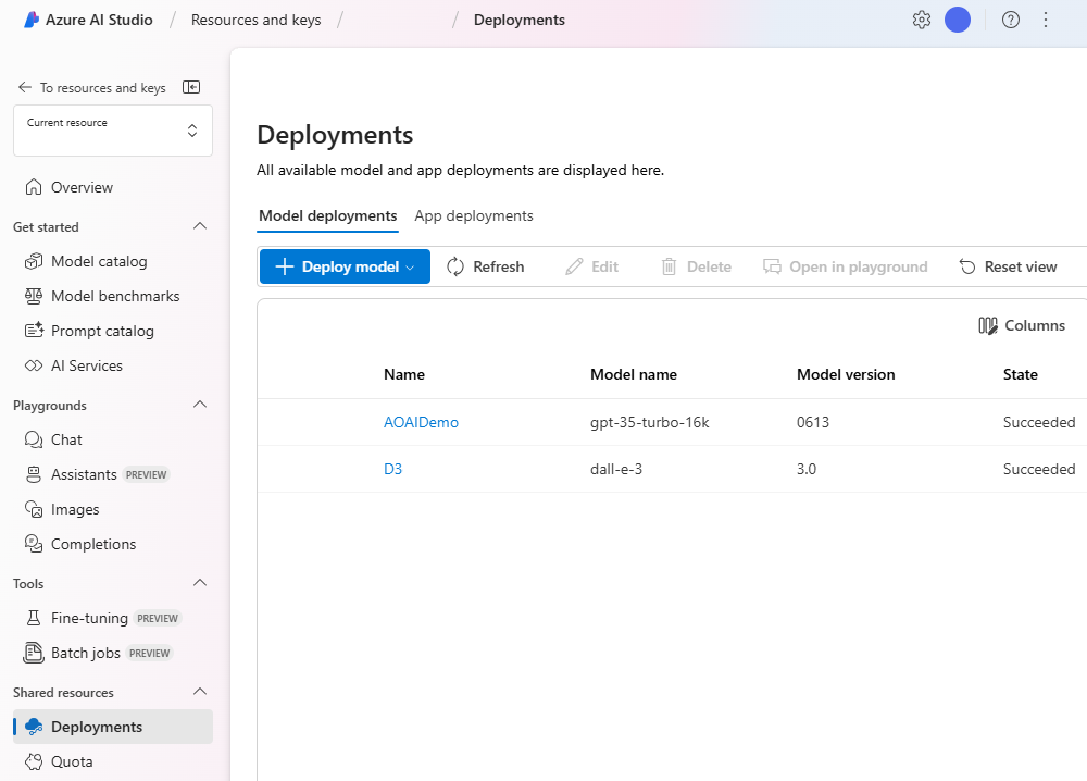 Screenshot of the Azure OpenAI Studio portal's model deployment wizard.