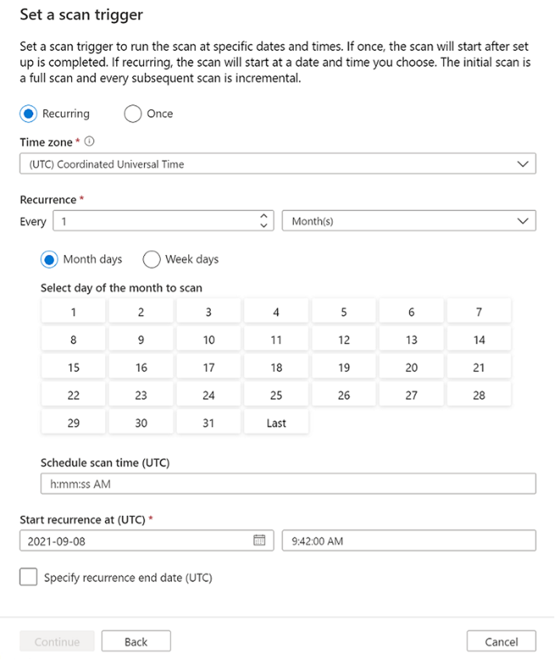 Microsoft Purview 掃描啟動選項的螢幕快照。