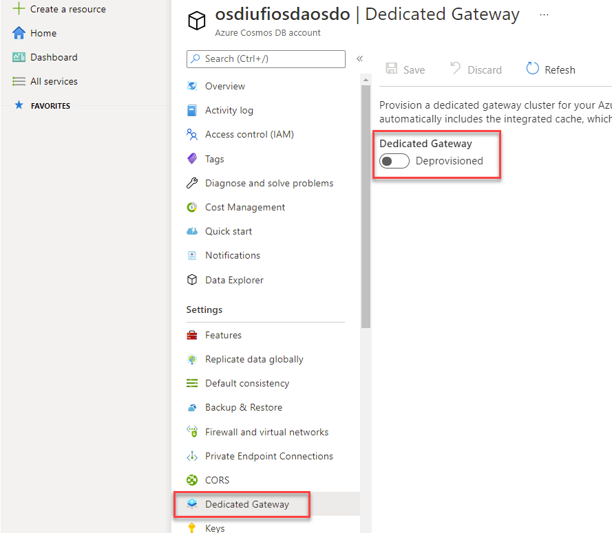在 Azure Cosmos DB 界面中開啟專用閘道導覽