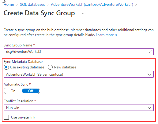 Screenshot showing the new sync group page from Azure portal.