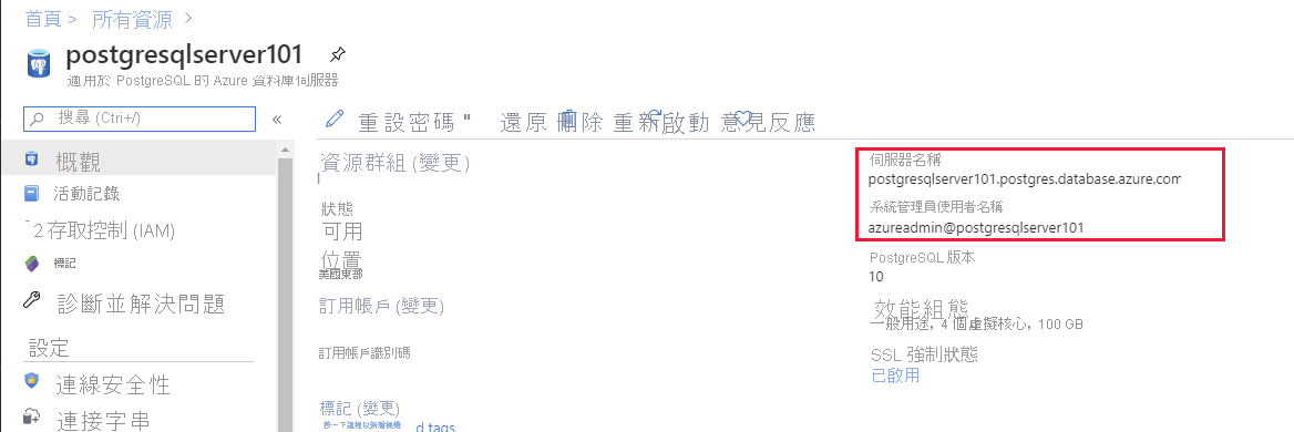 Azure 入口網站中 Azure Database for PostgreSQL 執行個體的概觀頁面