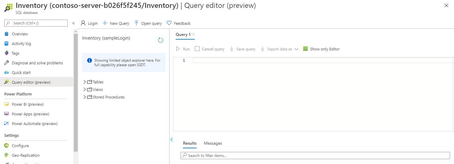 SQL Database 查詢編輯器。