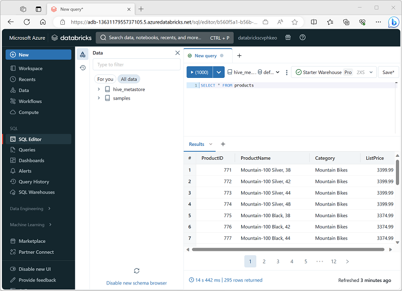 Screenshot of the SQL editor in the Azure Databricks portal.