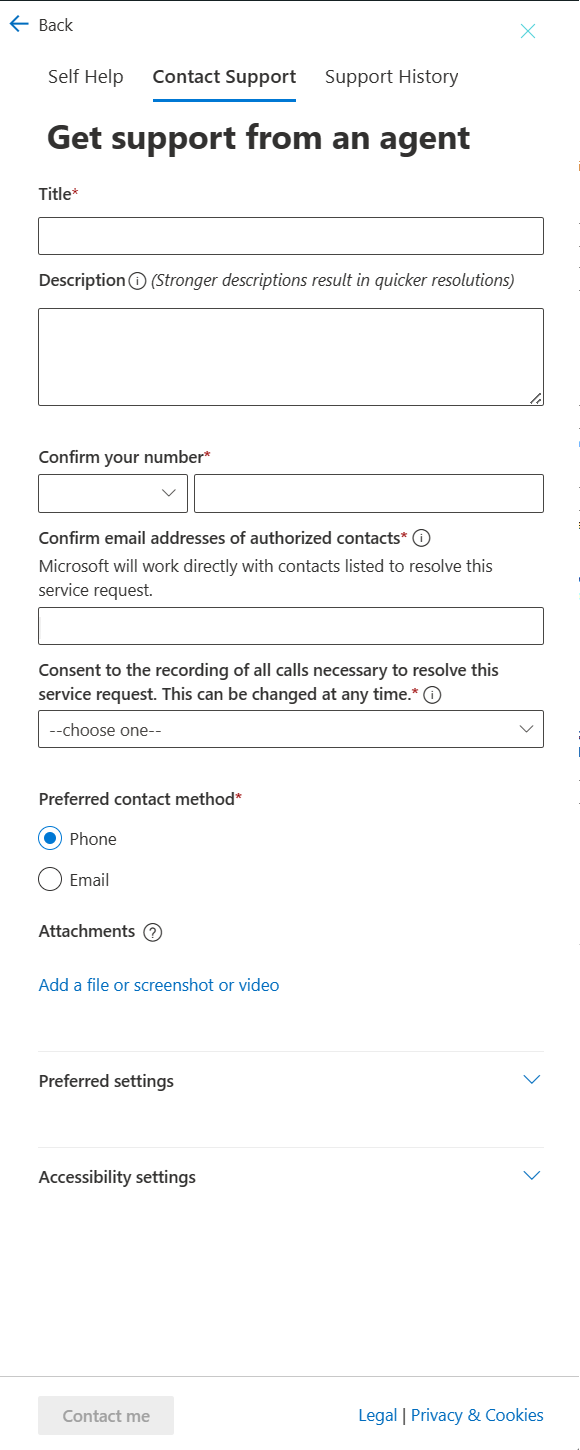 螢幕擷取畫面顯示用來取得專員支援的表單。