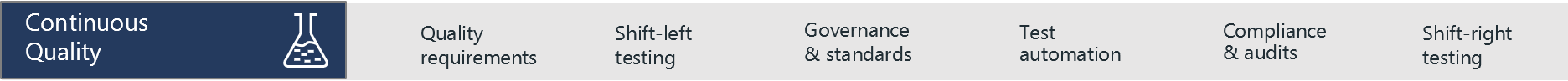 圖表列出持續品質的範例做法：品質需求、Shift-lest 測試、治理和標準、測試自動化、合規性和稽核，以及 Shift-right 測試。