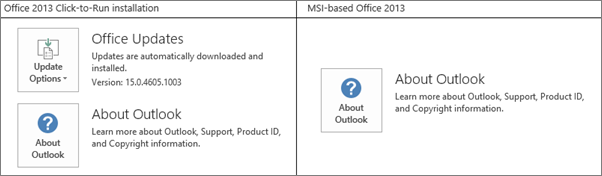 screenshots that compare Outlook 2013 Click-to-Run installations showing the Update Options item versus Outlook 2013 for MSI-based installations that don't show the Update Options item