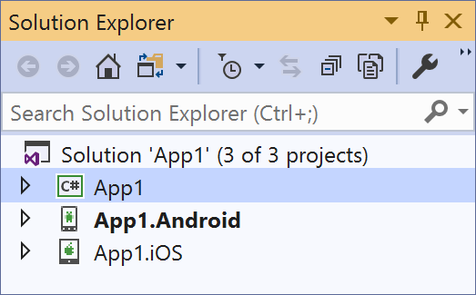 方案總管的螢幕擷取畫面，其中顯示已摺疊為專案名稱的新空白 Xamarin. Forms 應用程式：App1、App1.Android 和 App1.iOS。