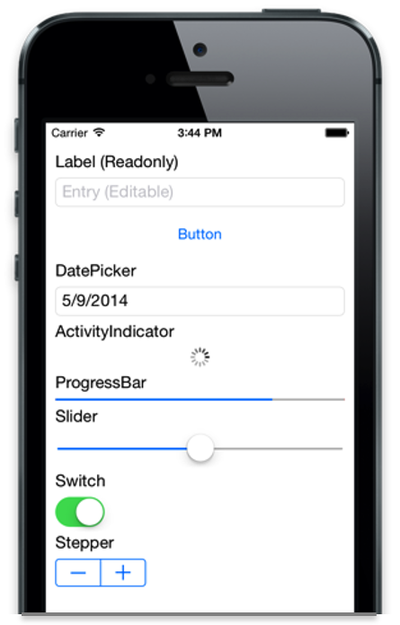 有數個 iOS UI 控制項的行動裝置螢幕擷取畫面：標籤、項目、按鈕、日期選擇器、活動指示器、進度列、滑桿、切換開關與步進器。