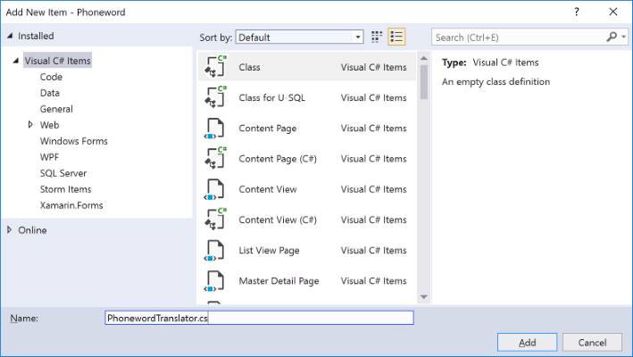 Screenshot showing Visual Studio Add New Item window with the Class template selected.