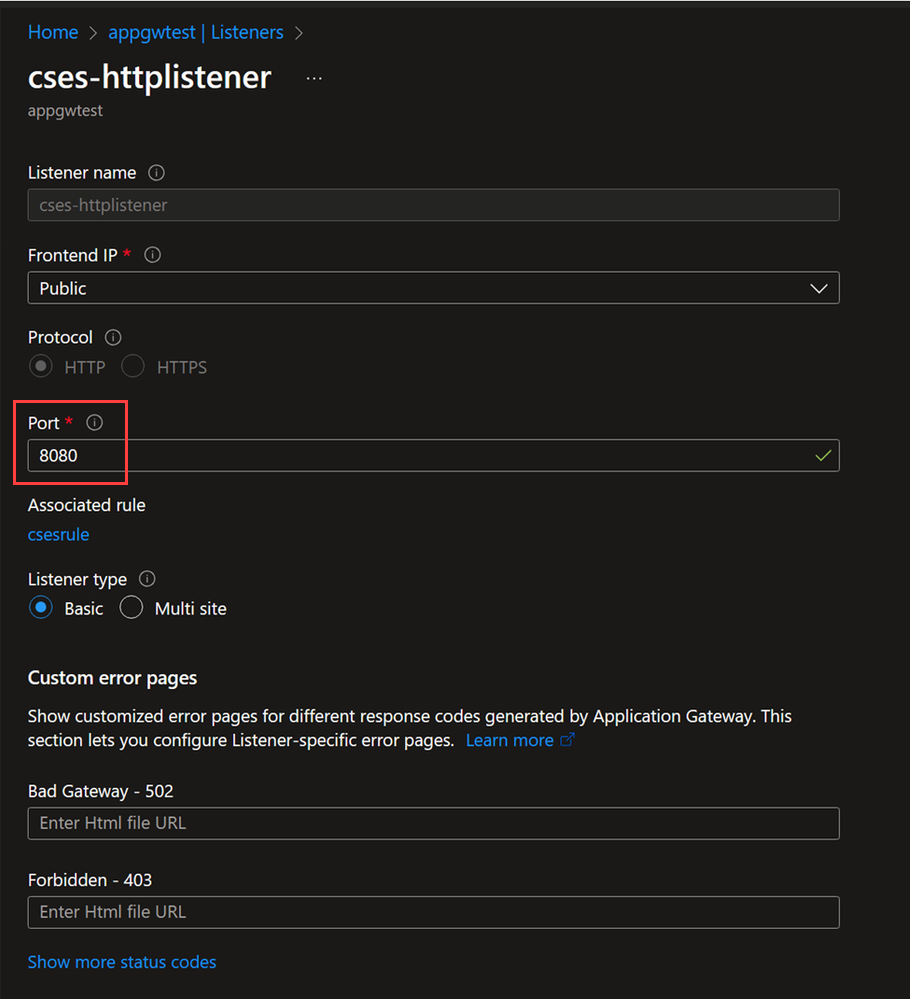 Azure 入口網站 應用程式閘道 [接聽程式] 頁面的螢幕快照。