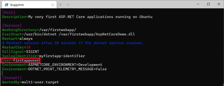 命令中 firstappuser 的螢幕快照。