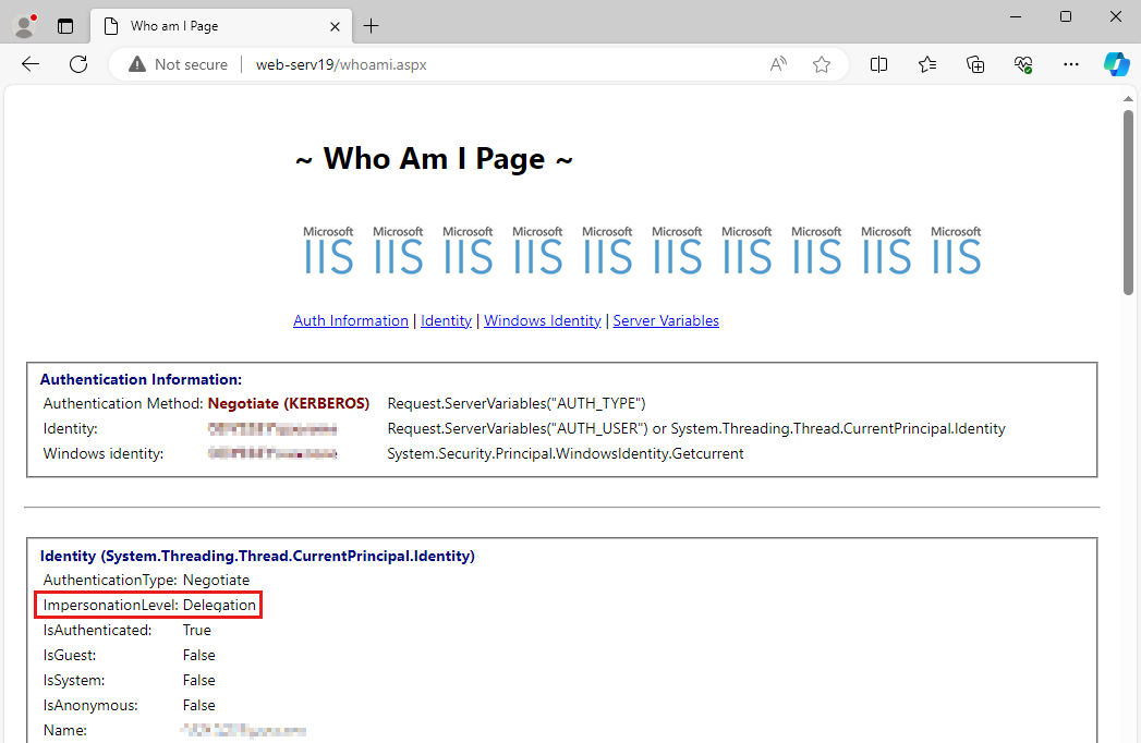 ImpersonationLevel 設定頁面的螢幕快照。