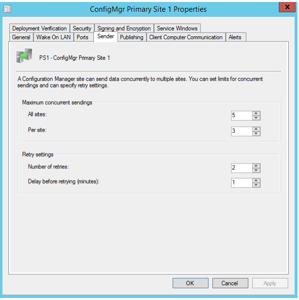 螢幕快照顯示 ConfigMgr 主要月臺 屬性視窗 中 [寄件者] 索引標籤上的資訊。