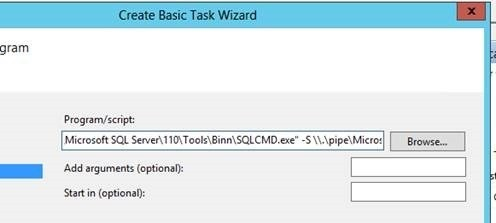 Screenshot shows how the script should look in the Create Basic Task Wizard.