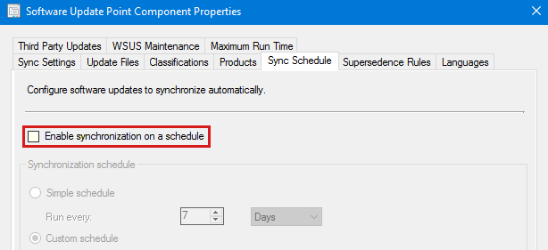 Screenshot of the Enable synchronization on a schedule setting.