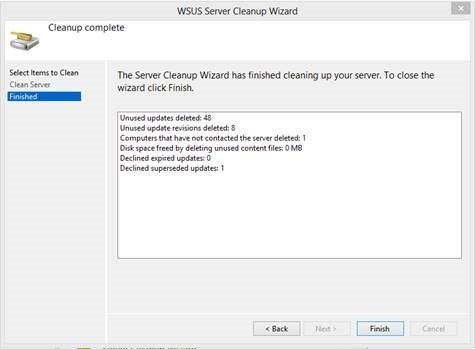 Screenshot of the WSUS Server Cleanup Wizard when finished.