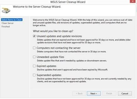 Screenshot of the WSUS Server Cleanup Wizard start page.