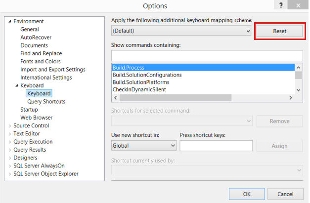 SQL Server Management Studio 選項中鍵盤設定的螢幕快照。