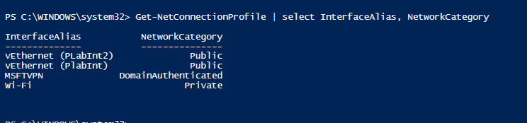 Get-NetConnectionProfile Cmdlet 的輸出。