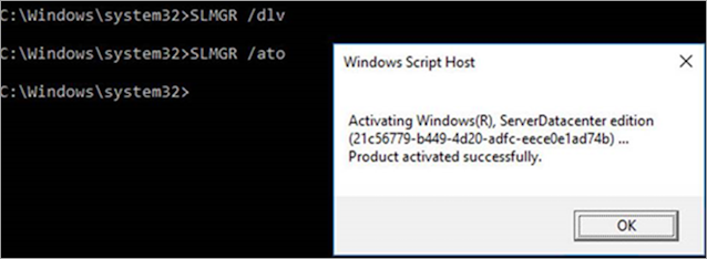 [命令提示字元] 視窗的螢幕快照，其中顯示 slmgr /ato 命令和產生的 Product Activated Successfully 訊息。