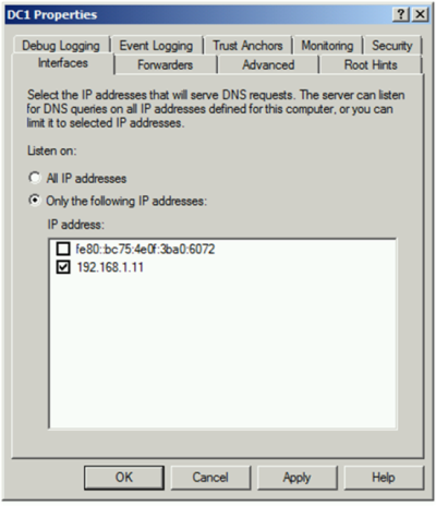 DNS 伺服器屬性的螢幕快照，其中顯示 [介面] 索引卷標上的特定IP位址。