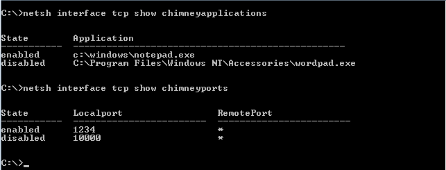 netsh 命令輸出的螢幕快照，其中顯示 chimney 設定。