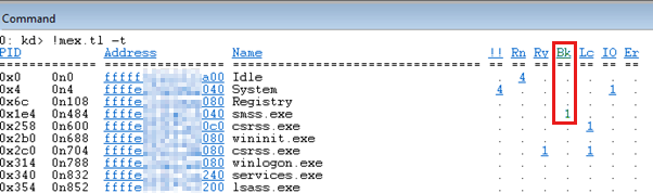顯示命令輸出中封鎖線程的螢幕快照。