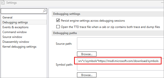 顯示偵錯設定中符號路徑的螢幕快照。