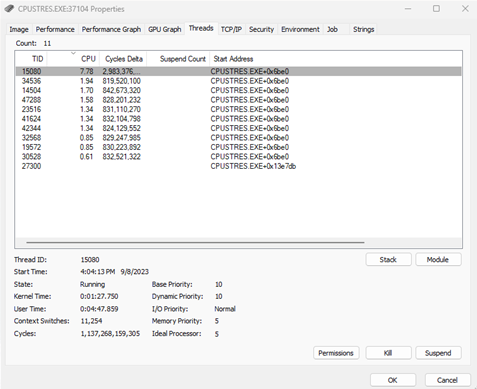 顯示線程 15080 耗用CPUSTRES.EXE屬性中最高 CPU 的螢幕快照。